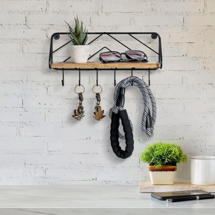 13 Inch Premium Solid Acacia Wood Entryway Key Rack Holder with 6 Hooks and Chevron Pattern Design