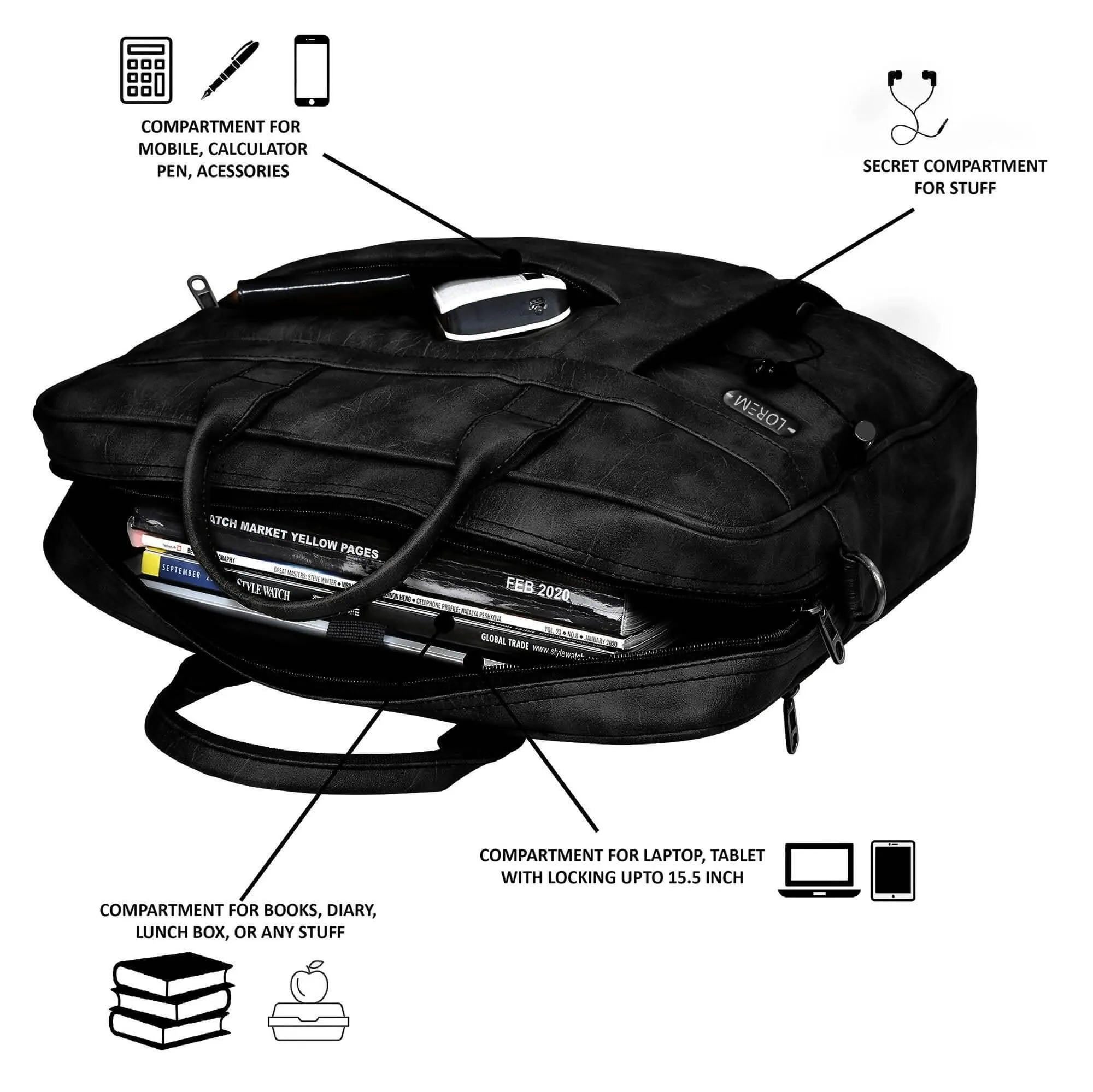 LOREM Black Color Faux Leather 10L Messenger Bag For Men & Women(BG17)