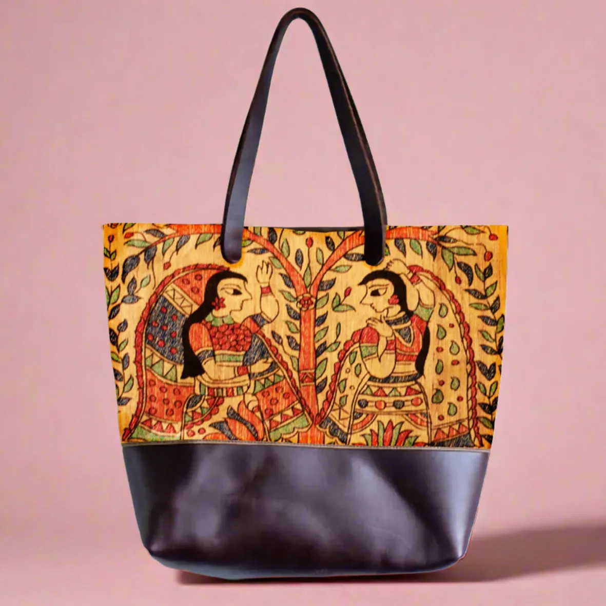 Nari Shakti Madhubani Mini Tote Bag - Dark Brown (Medium Size)