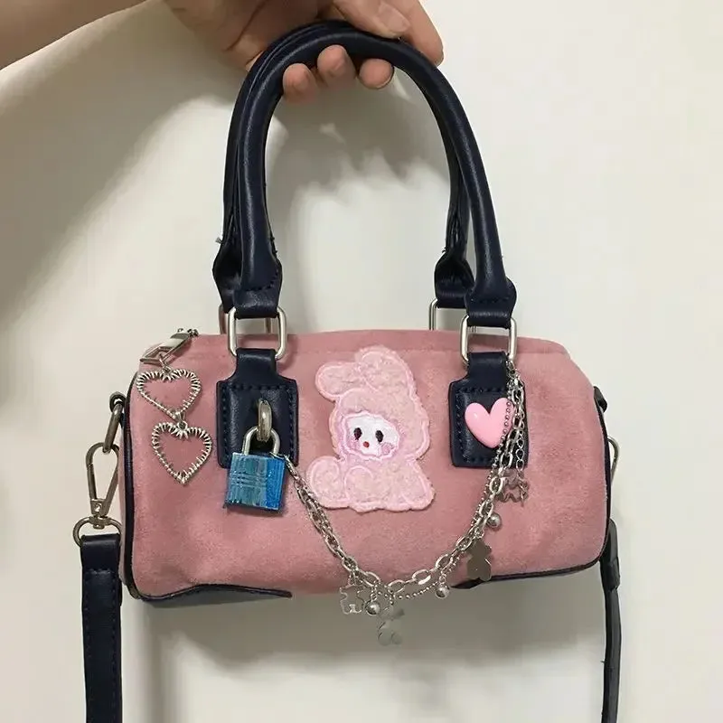 TAVIMART  -  Patchwork Bear Heart Chain Shoulder Handbags All Match Kawaii Cute Sweet Crossbody Women Bags Y2k Contrast Color Cylinder