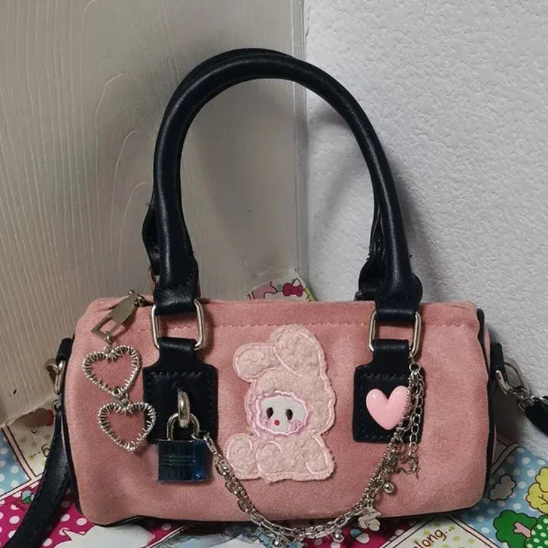 TAVIMART  -  Patchwork Bear Heart Chain Shoulder Handbags All Match Kawaii Cute Sweet Crossbody Women Bags Y2k Contrast Color Cylinder