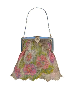 Whiting and Davis Vintage Colorful Floral Art Deco Chainmail Mesh Dresden Handbag